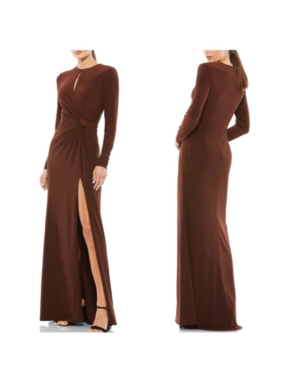 Women's Mac Duggal Long Sleeve Brown Gown with Slit Size 2